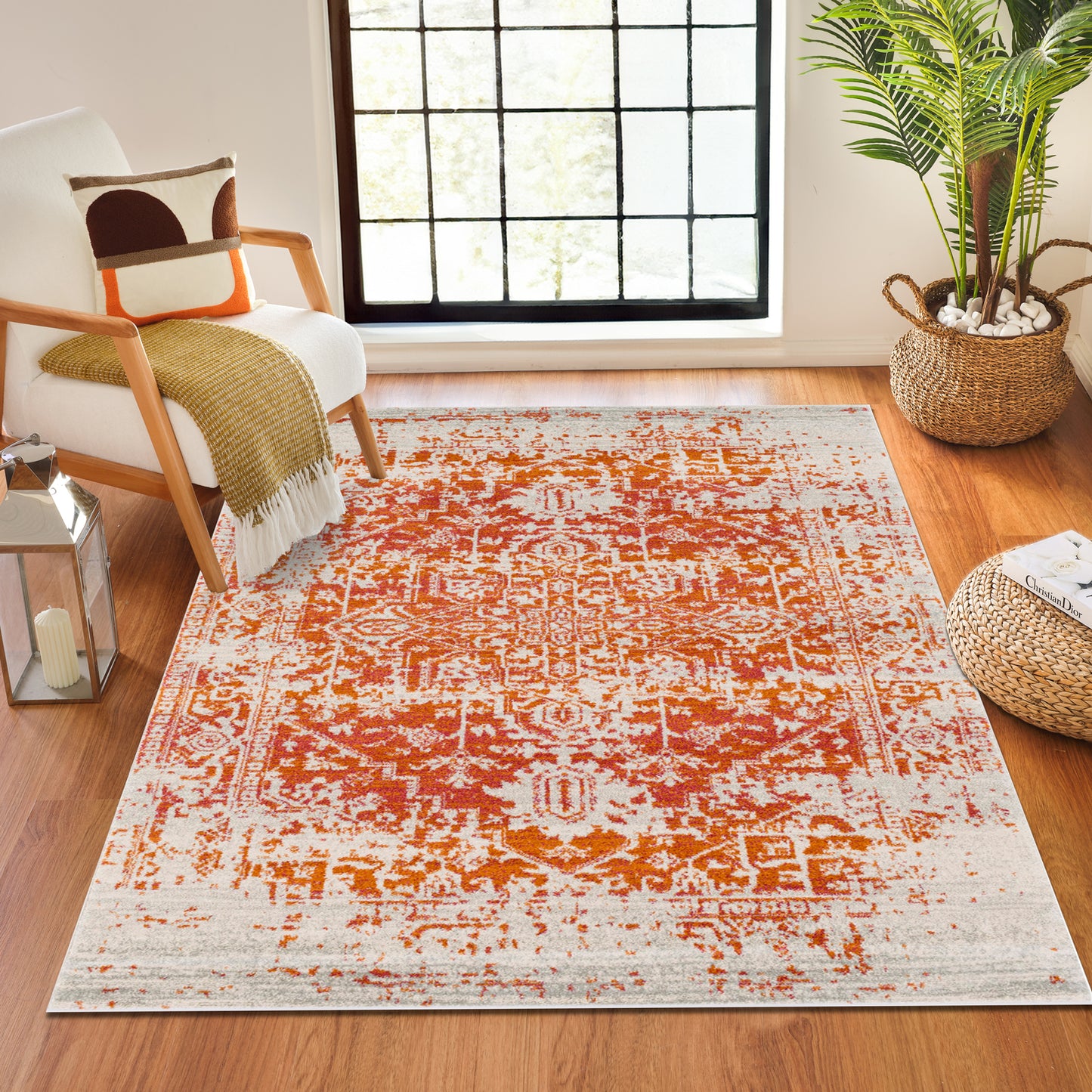 AMELIA Vintage Teppich I Wohnzimmer, Esszimmer I Orientalischer Traditioneller Boho Kurzflor Teppich, Plegeleicht I Orange, Beige