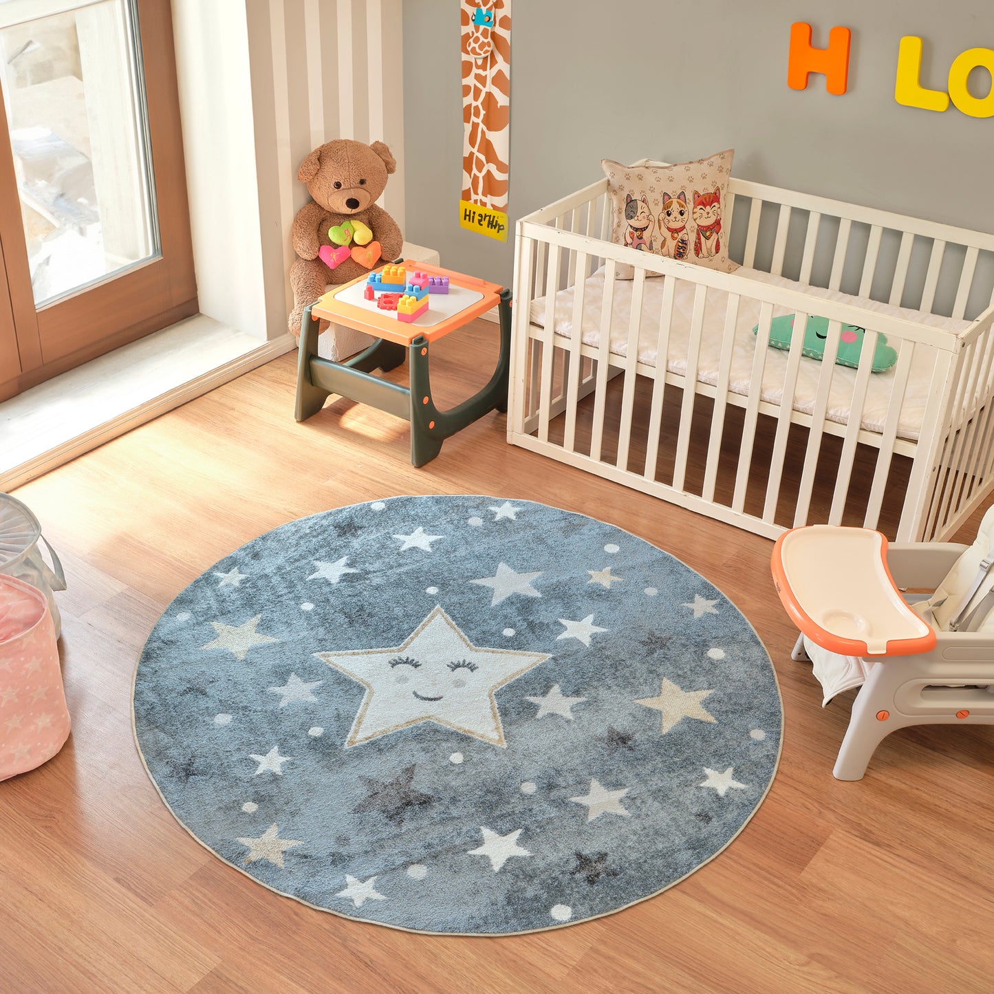 SHAMIA Tapis Enfant Lavable en Machine - Tapis Chambre, Garçon, Fille, Bébé, Salle de Jeu, Poils Doux, Entretien Facile - Bleu, Beige