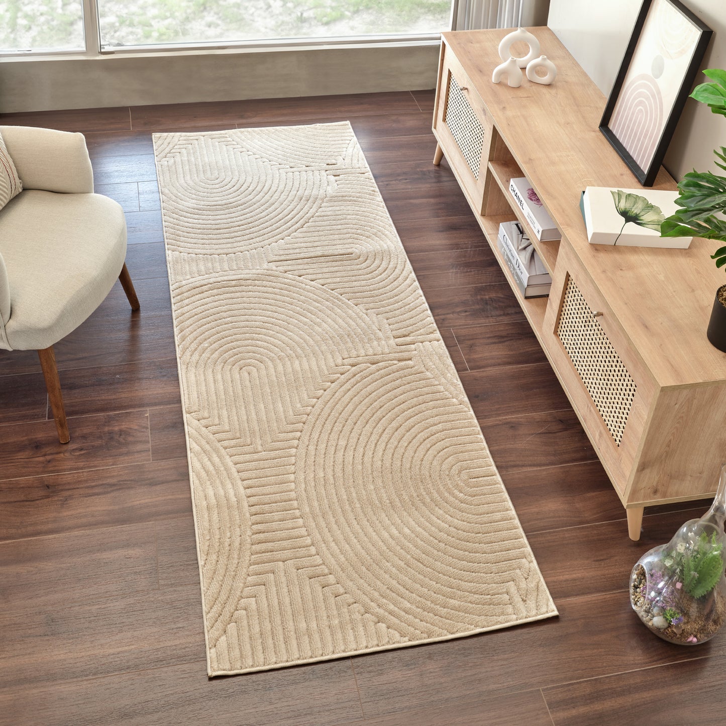 TIYA Tapis Scandinave Intérieur, Extérieur - Tapis Moderne, Salon, Chambre, Terrasse, Balcon - Tapis Bohème, Poils Courts, Doux - Beige