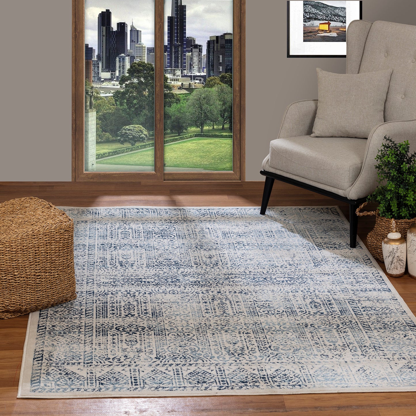 MAKITA Tapis Vintage - Tapis Persan, Salon, Chambre - Tapis Traditionnel Oriental, Poils Courts, Doux, Entretien Facile - Bleu, Blanc