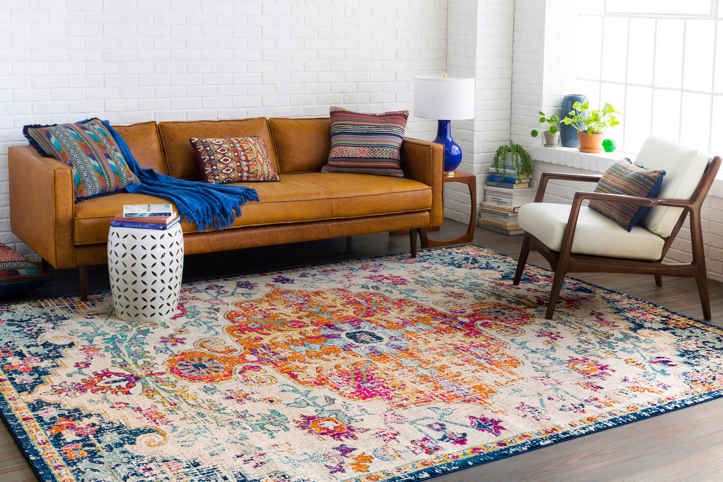 OLIVIA Vintage Teppich I Wohnzimmer, Esszimmer I Orientalischer Traditioneller Boho Kurzflor Teppich, Plegeleicht I Mehrfarbig, Orange