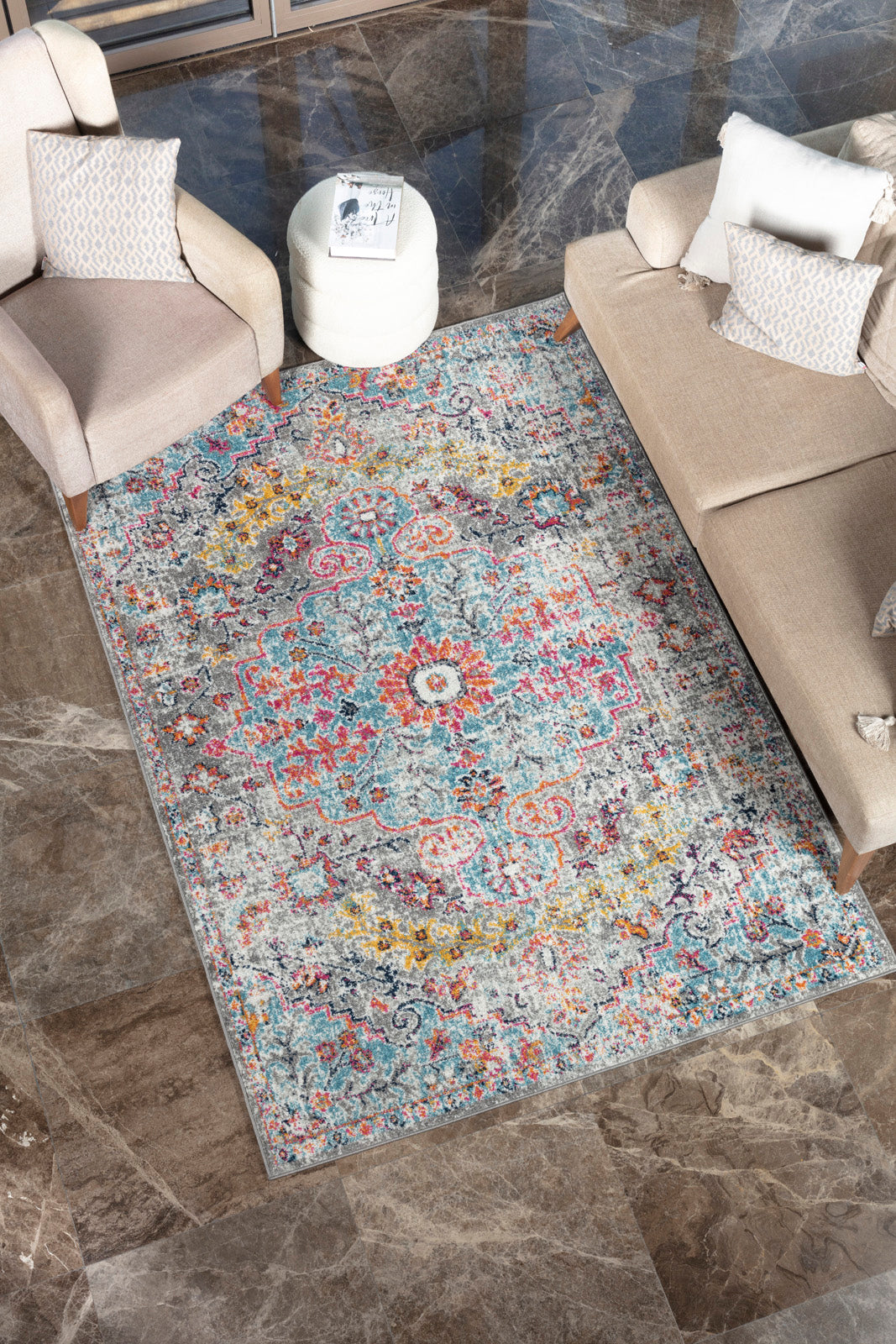 OLIVIA Tapis Vintage - Tapis Persan, Couloir, Salon, Chambre - Tapis Traditionnel Oriental, Poils Courts, Doux - Multicolore, Gris