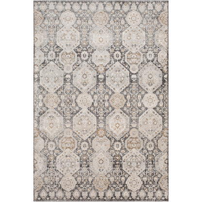 DAMASK Vintage Teppich I Wohnzimmer, Esszimmer I Orientalischer Traditioneller Boho Kurzflor Teppich, Plegeleicht I Schwarz, Beige