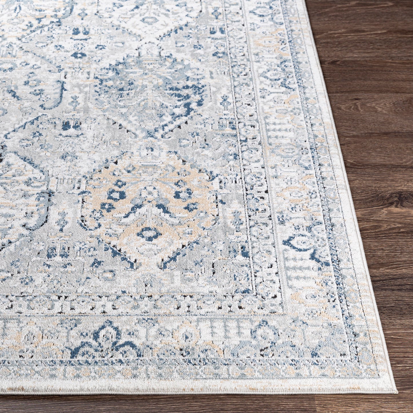 MOEREN Vintage Teppich I Wohnzimmer, Esszimmer I Orientalischer Traditioneller Boho Kurzflor Teppich, Plegeleicht I Grau, Blau, Braun