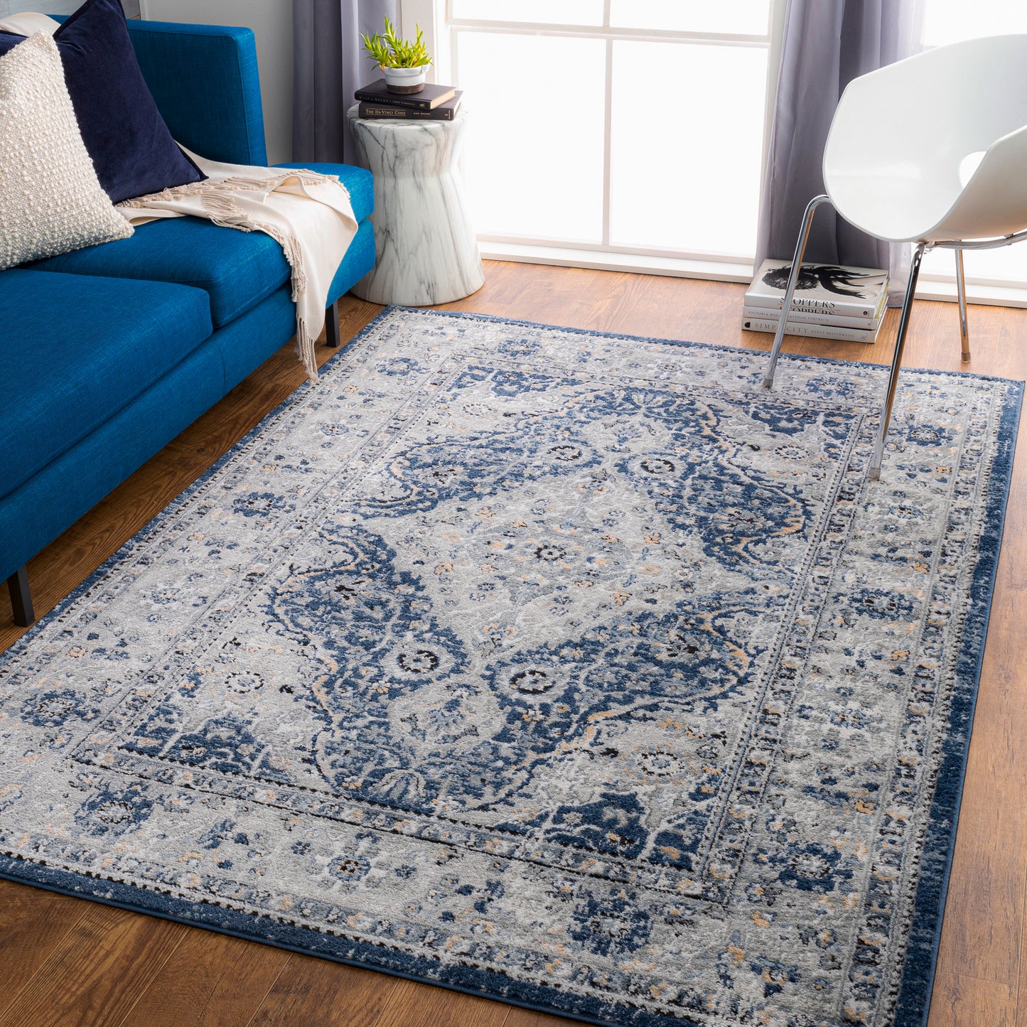 MUGGENHOL Tapis Vintage - Tapis Persan, Salon, Chambre - Tapis Traditionnel Oriental, Poils Courts, Doux, Durable - Bleu, Gris, Jaune