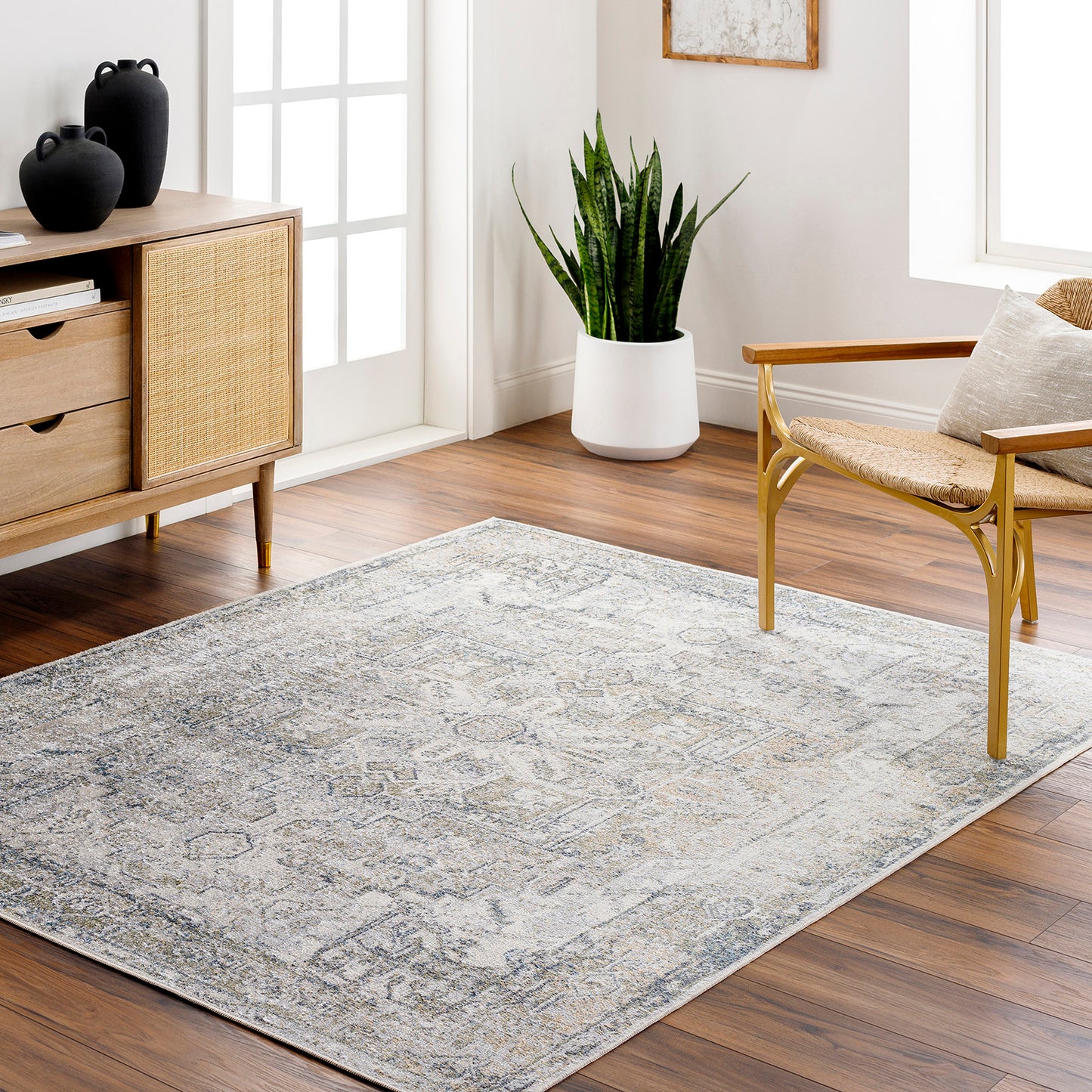 DRYRIDGE Tapis Lavable en Machine - Tapis Persan, Salon, Cuisine - Tapis Vintage Oriental, Poils Courts, Doux, Durable - Gris, Bleu