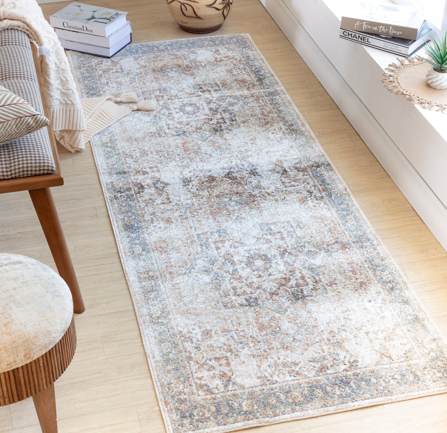 ELKTON Tapis Lavable en Machine - Tapis Persan, Couloir, Salon - Tapis Vintage Oriental, Poils Courts, Doux, Durable - Brun, Ivoire