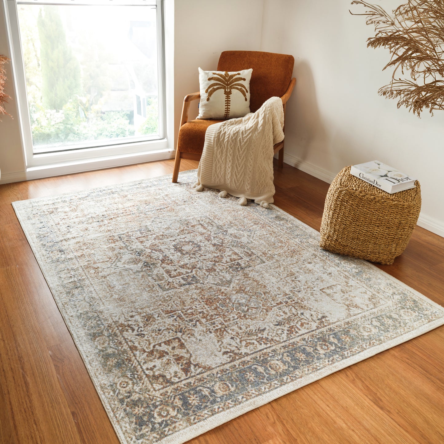 ELKTON Tapis Lavable en Machine - Tapis Persan, Couloir, Salon - Tapis Vintage Oriental, Poils Courts, Doux, Durable - Brun, Ivoire