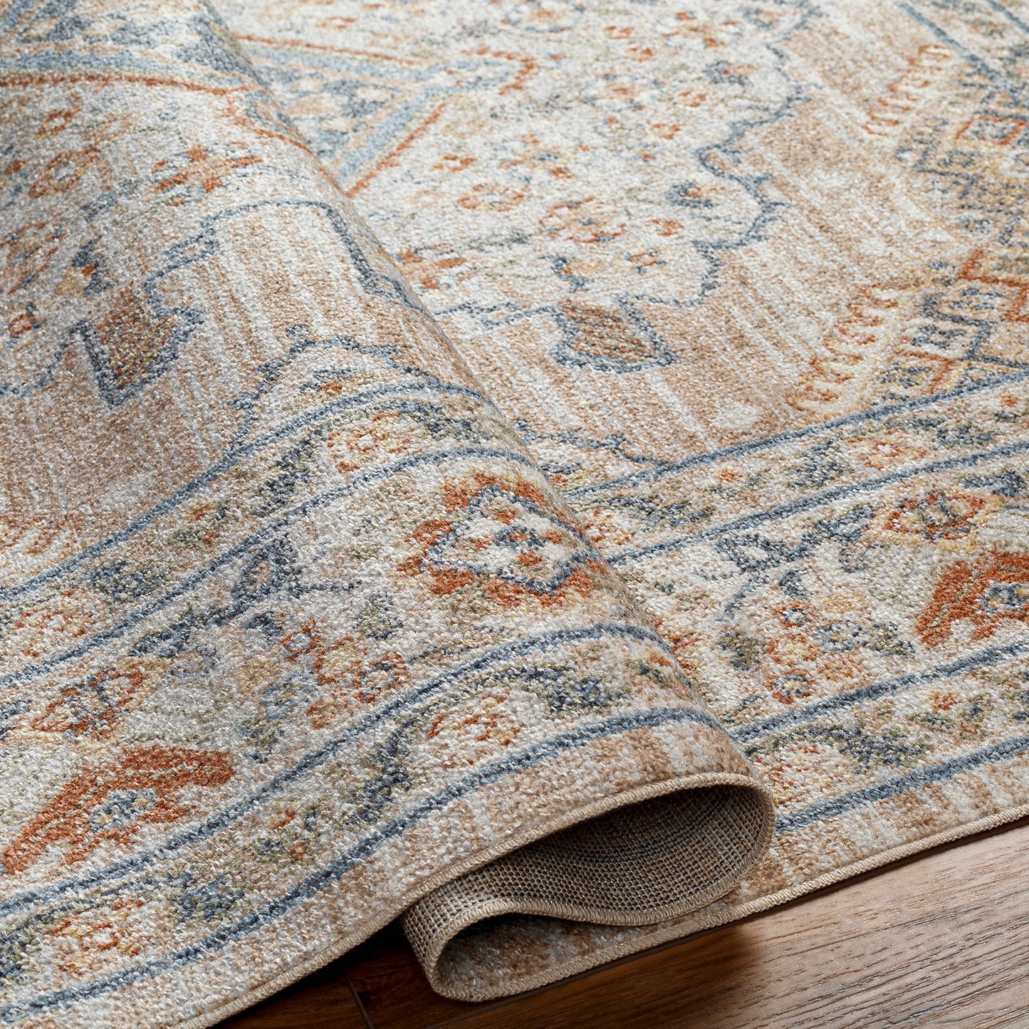 ELLINWOOD Maschinewaschbarer Teppich I Wohnzimmer, Esszimmer, Küche I Vintage Orientalischer Traditioneller Boho Teppich I Beige, Blau