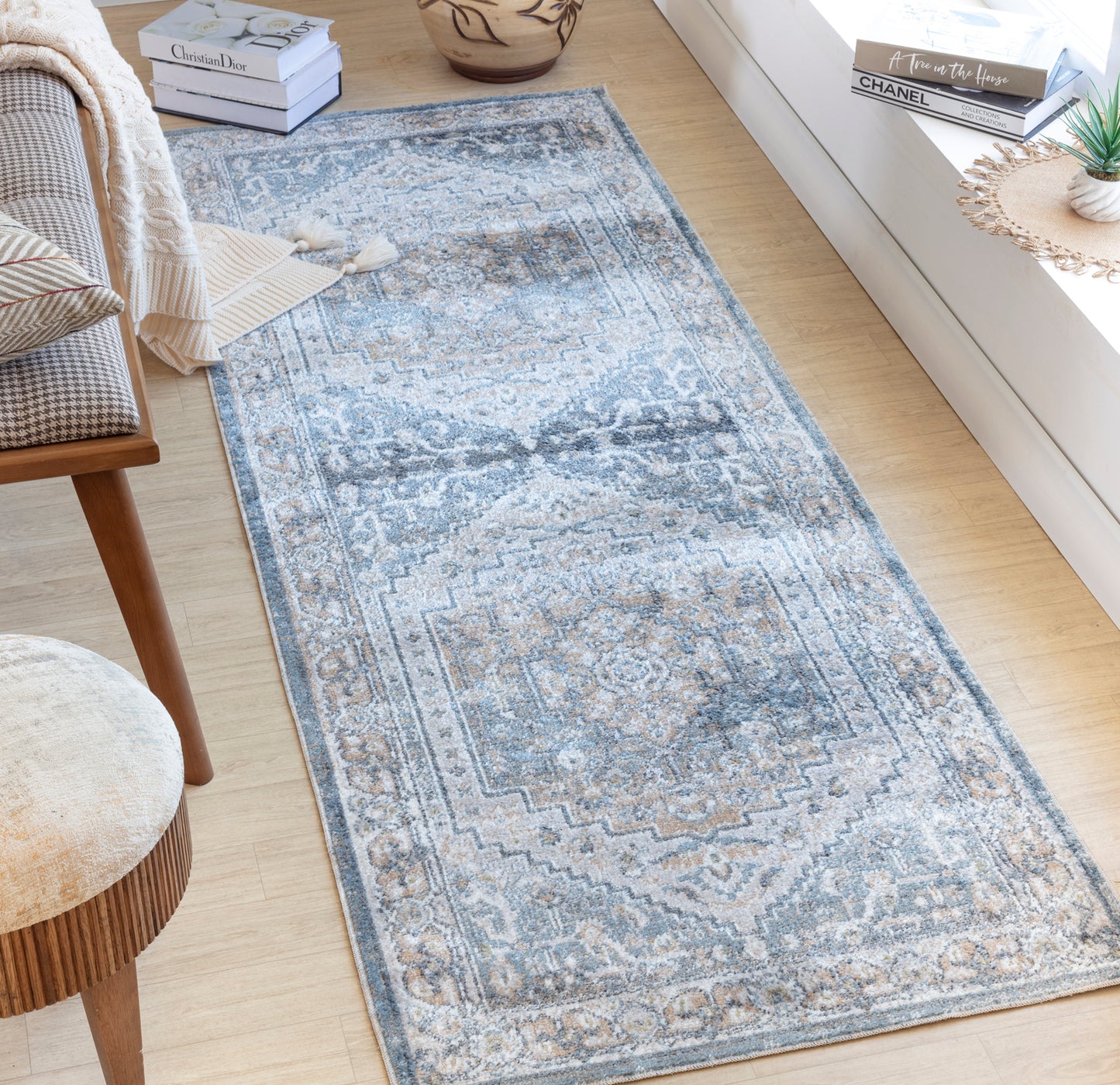 EMMETT Maschinewaschbarer Teppich I Wohnzimmer, Esszimmer, Küche I Vintage Orientalischer Traditioneller Boho Teppich I Blau, Blau