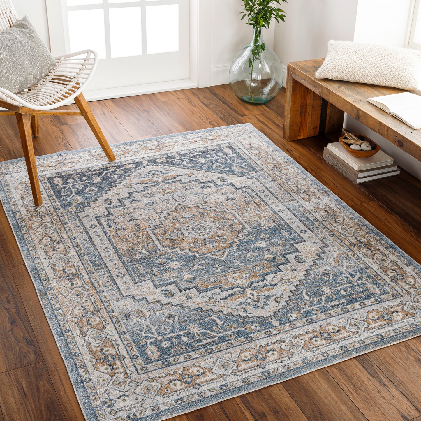 EMMETT Maschinewaschbarer Teppich I Wohnzimmer, Esszimmer, Küche I Vintage Orientalischer Traditioneller Boho Teppich I Blau, Blau