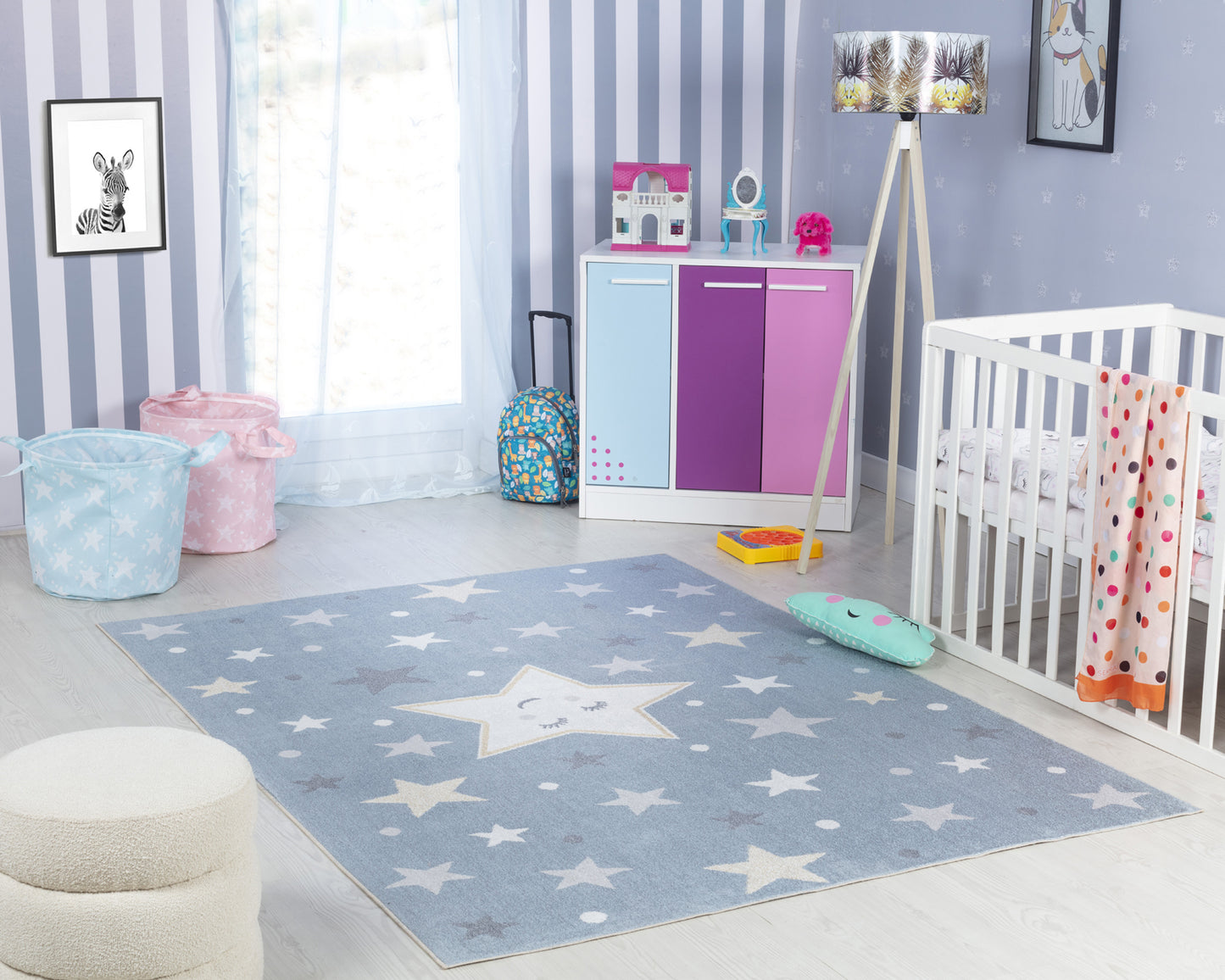 SHAMIA Tapis Enfant Lavable en Machine - Tapis Chambre, Garçon, Fille, Bébé, Salle de Jeu, Poils Doux, Entretien Facile - Bleu, Beige