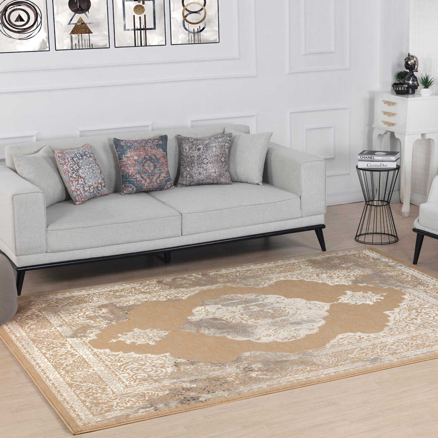 TENNA Tapis Vintage - Tapis Persan, Salon, Chambre - Tapis Traditionnel Oriental, Poils Courts, Doux, Entretien Facile - Beige, Blanc