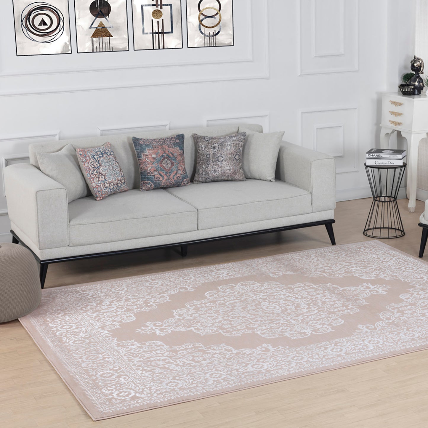 CHARMANE Vintage Teppich I Wohnzimmer, Esszimmer I Orientalischer Traditioneller Boho Kurzflor Teppich, Plegeleicht I Beige, Weiß