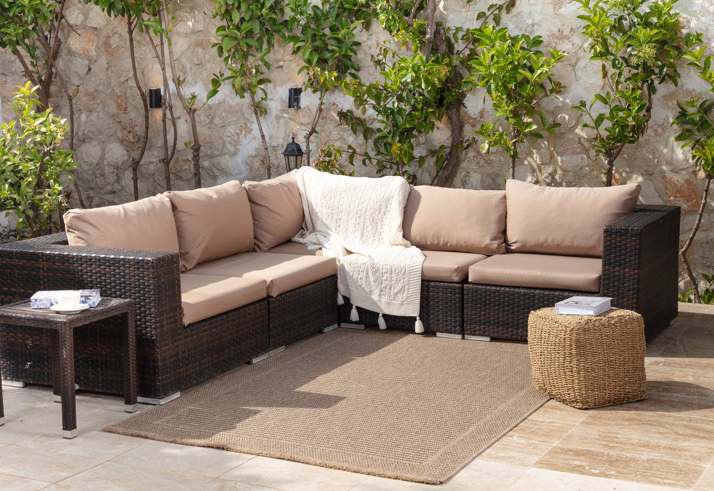 JEANNETTA Outdoor Jute-Look Teppich I In & Outdoor Boho Wetterfest Teppich für den Balkon, Terrasse, Garten I Beige, Schwarz