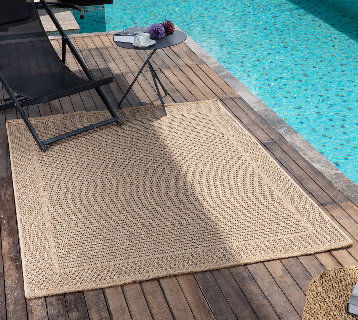 JEANNETTA Tapis Extérieur Aspect Jute - Tapis Bohème Extérieur et Intérieur, Terrasse, Balcon, Véranda, Salon, Cuisine - Beige, Noir