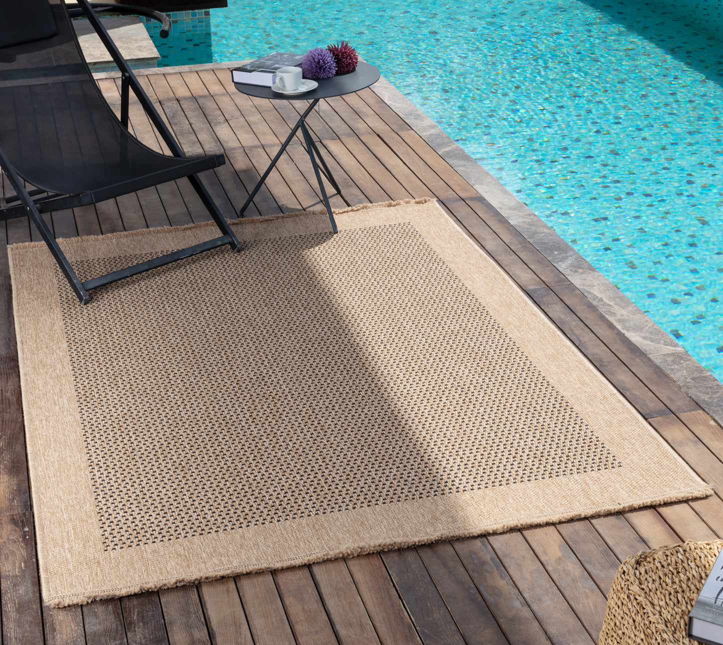 JESSICA Tapis Extérieur Aspect Jute - Tapis Bohème Extérieur et Intérieur, Terrasse, Balcon, Véranda, Salon, Cuisine - Beige, Noir