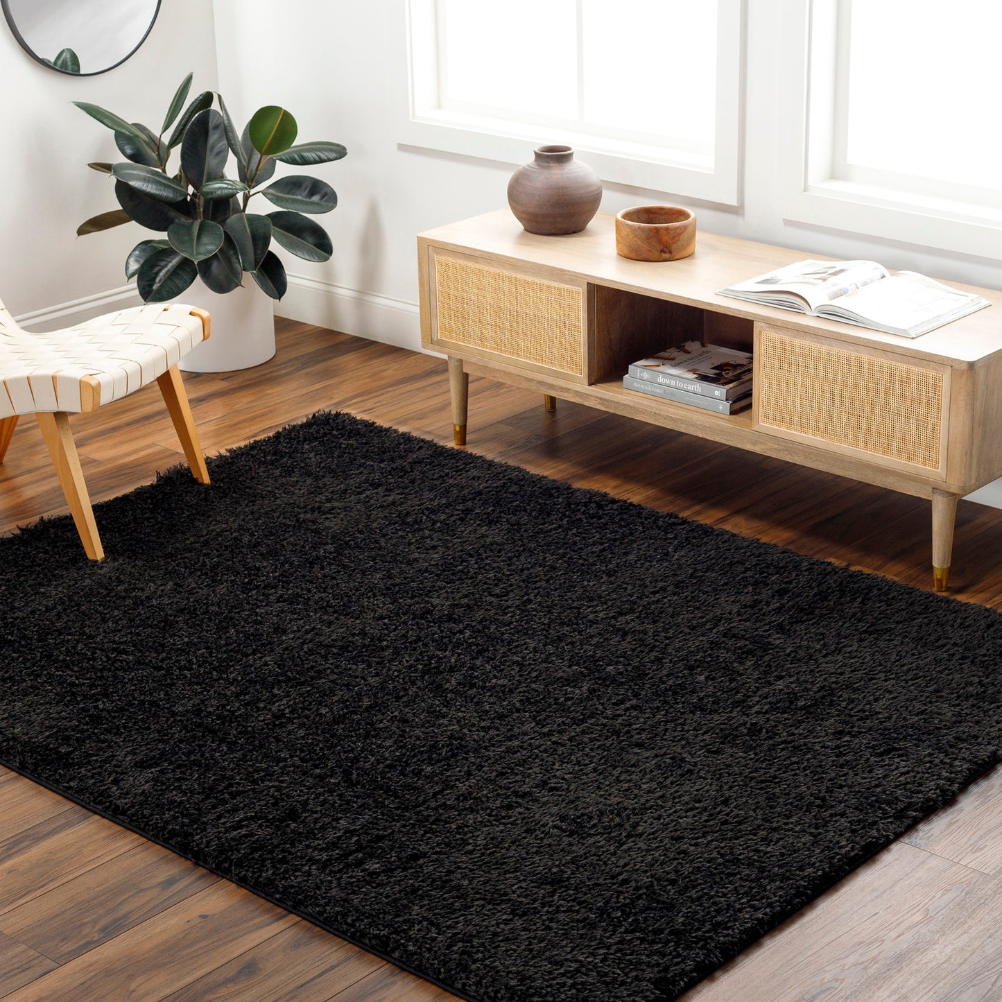 CHARON Tapis Shaggy - Tapis Moderne, Salon, Chambre - Tapis Uni à Poils Longs, Épais, Doux, Durable, Moelleux, Entretien Facile - Noir