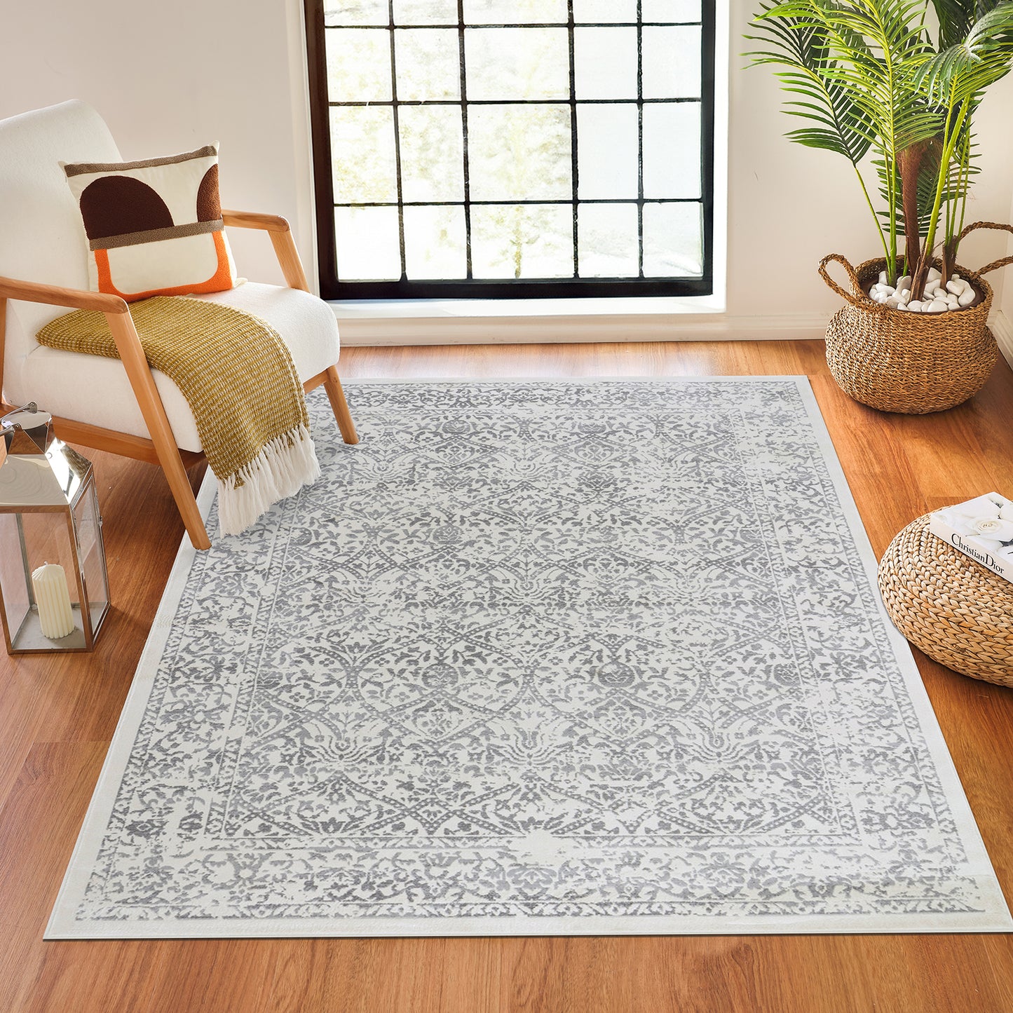 BEAUVAIS Tapis Vintage - Tapis Persan, Couloir, Salon, Chambre - Tapis Traditionnel Oriental, Poils Courts, Doux, Durable - Blanc, Gris