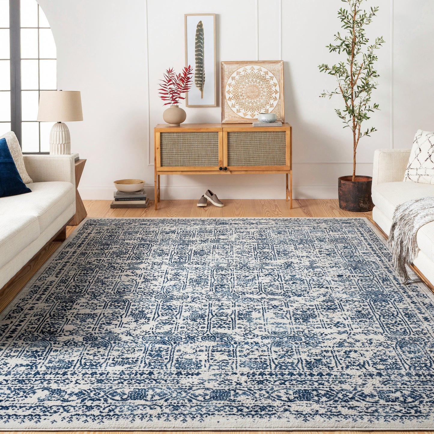 HYERES Tapis Vintage - Tapis Persan, Salon, Chambre - Tapis Traditionnel Oriental, Poils Courts, Doux, Entretien Facile - Bleu, Blanc