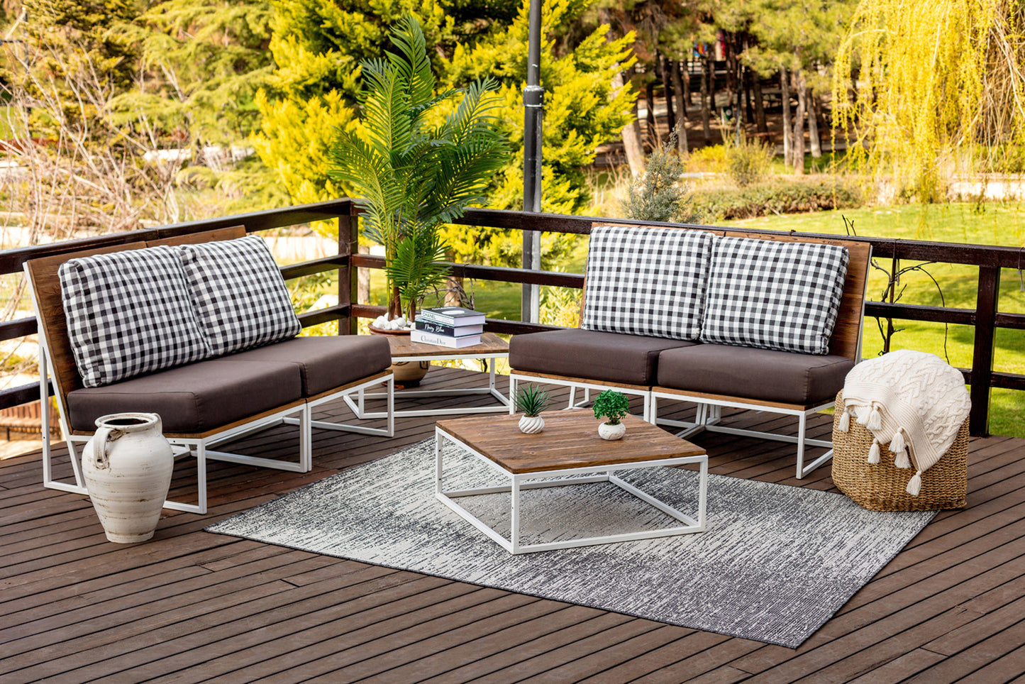 YASHIRA Outdoor Teppich I In & Outdoor Boho Wetterfest Teppich für den Balkon, Terrasse, Garten, Küche, Plegeleicht I Elfenbein, Grau