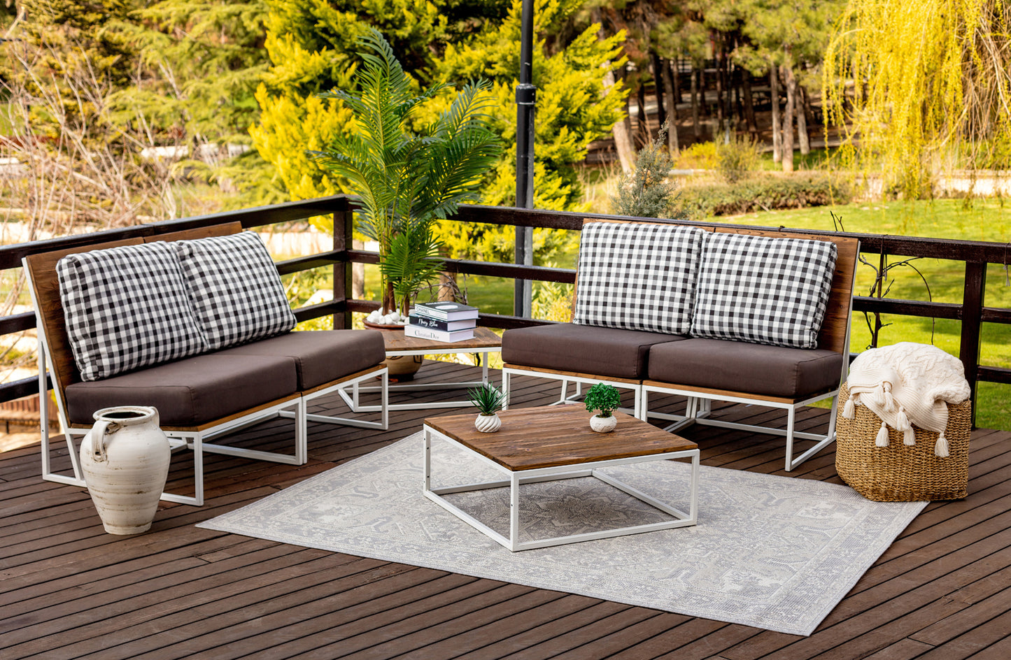 EFFREY Outdoor Teppich I In & Outdoor Boho Wetterfest Teppich für den Balkon, Terrasse, Garten, Küche, Plegeleicht I Elfenbein, Grau