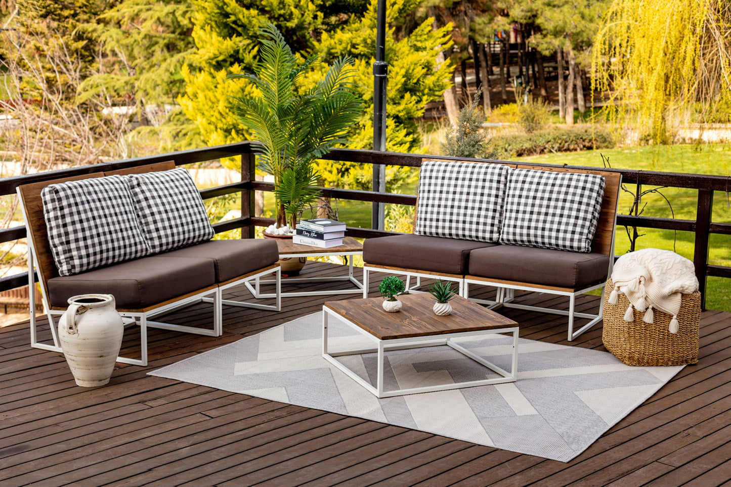 VANDER Outdoor Teppich I In & Outdoor Boho Wetterfest Teppich für den Balkon, Terrasse, Garten, Küche, Plegeleicht I Grau, Elfenbein