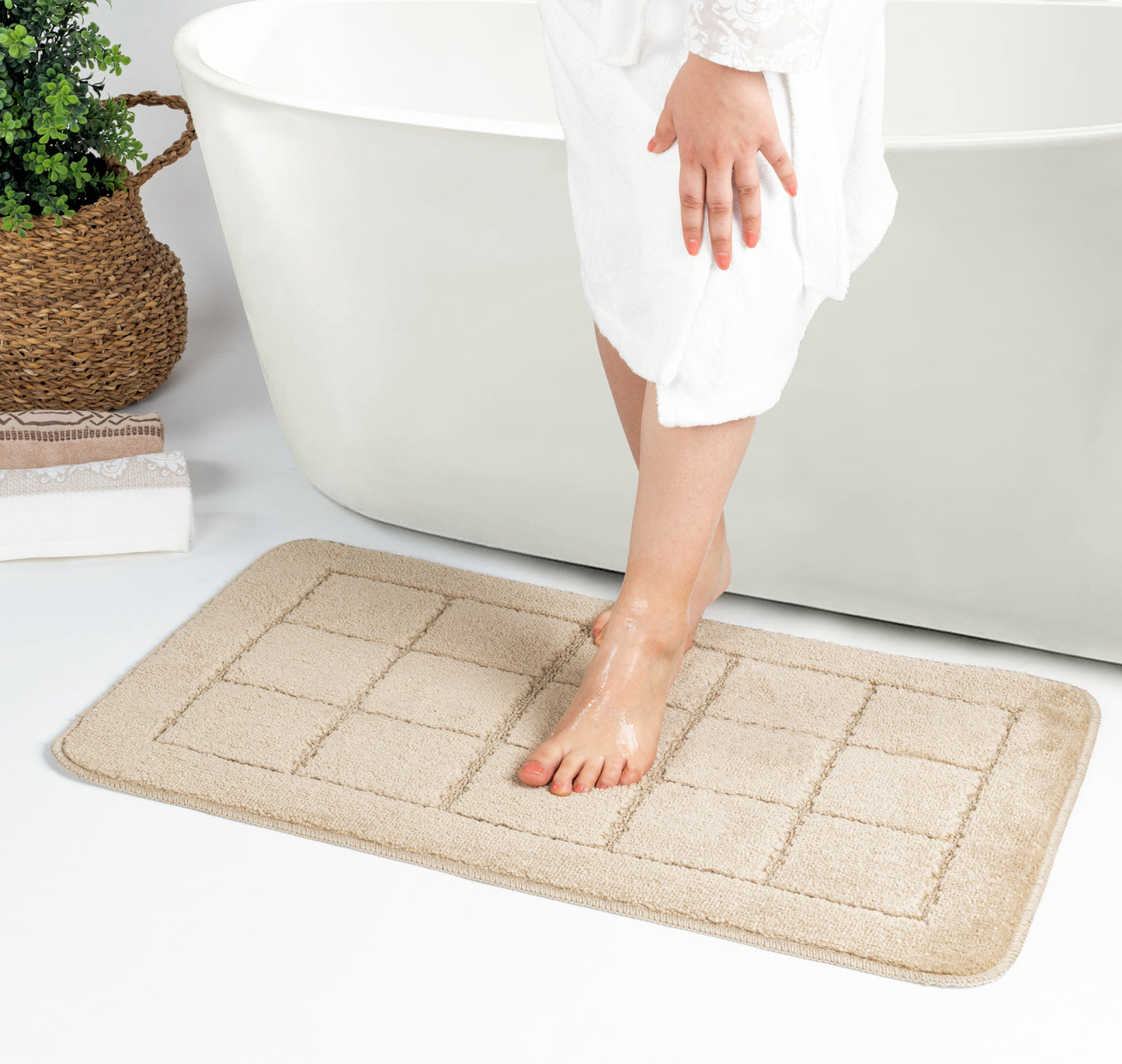 ALENE Set 2 Tapis Salle de Bain et WC - Tapis Antidérapants, Lavables en Machine, Poils Longs, Doux, Absorbants, Séchage Rapide - Beige