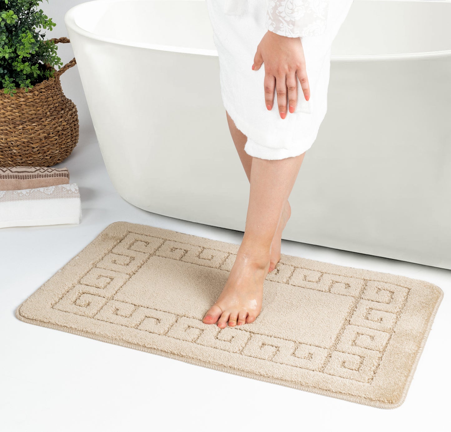 ALENE Set 2 Tapis Salle de Bain et WC - Tapis Antidérapants, Lavables en Machine, Poils Longs, Doux, Absorbants, Séchage Rapide - Beige