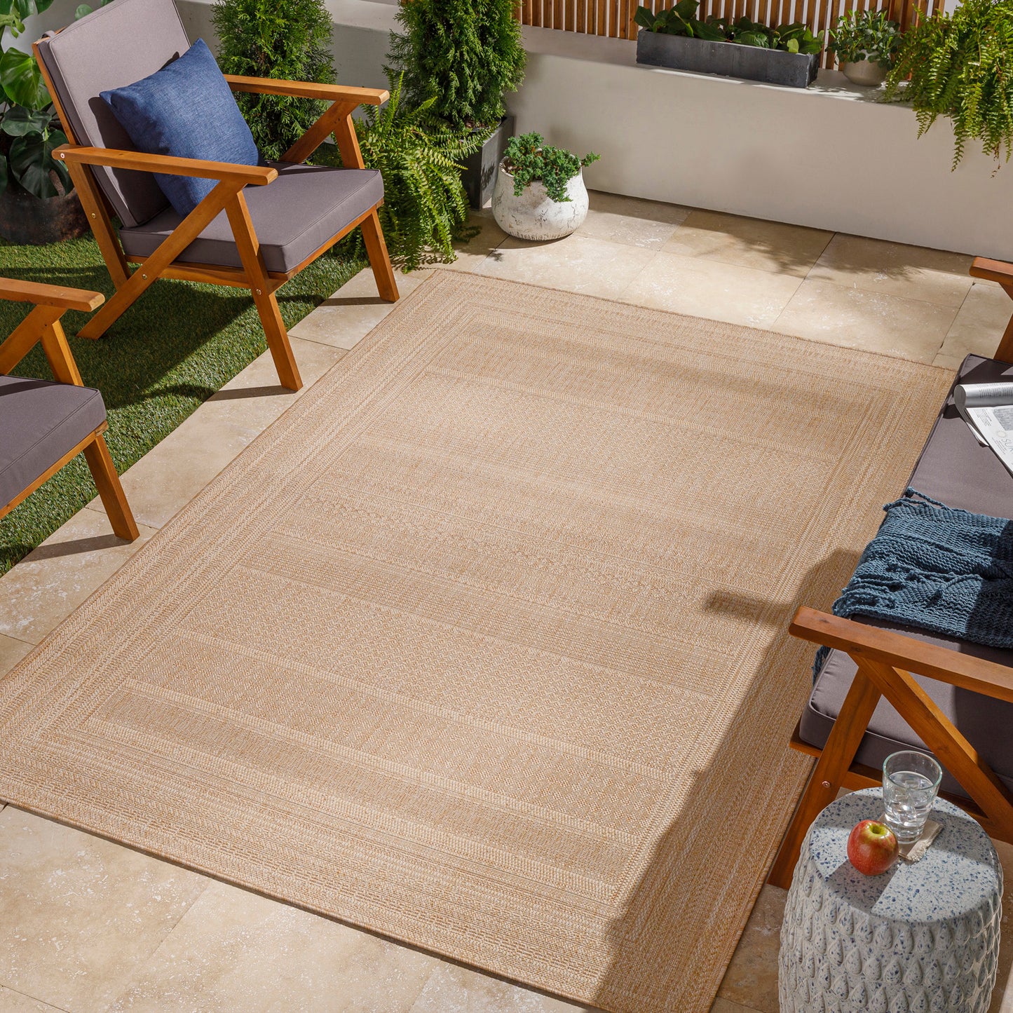 KELLOGG Outdoor Jute-Look Teppich I In & Outdoor Boho Wetterfest Teppich für den Balkon, Terrasse, Garten I Beige, Elfenbein