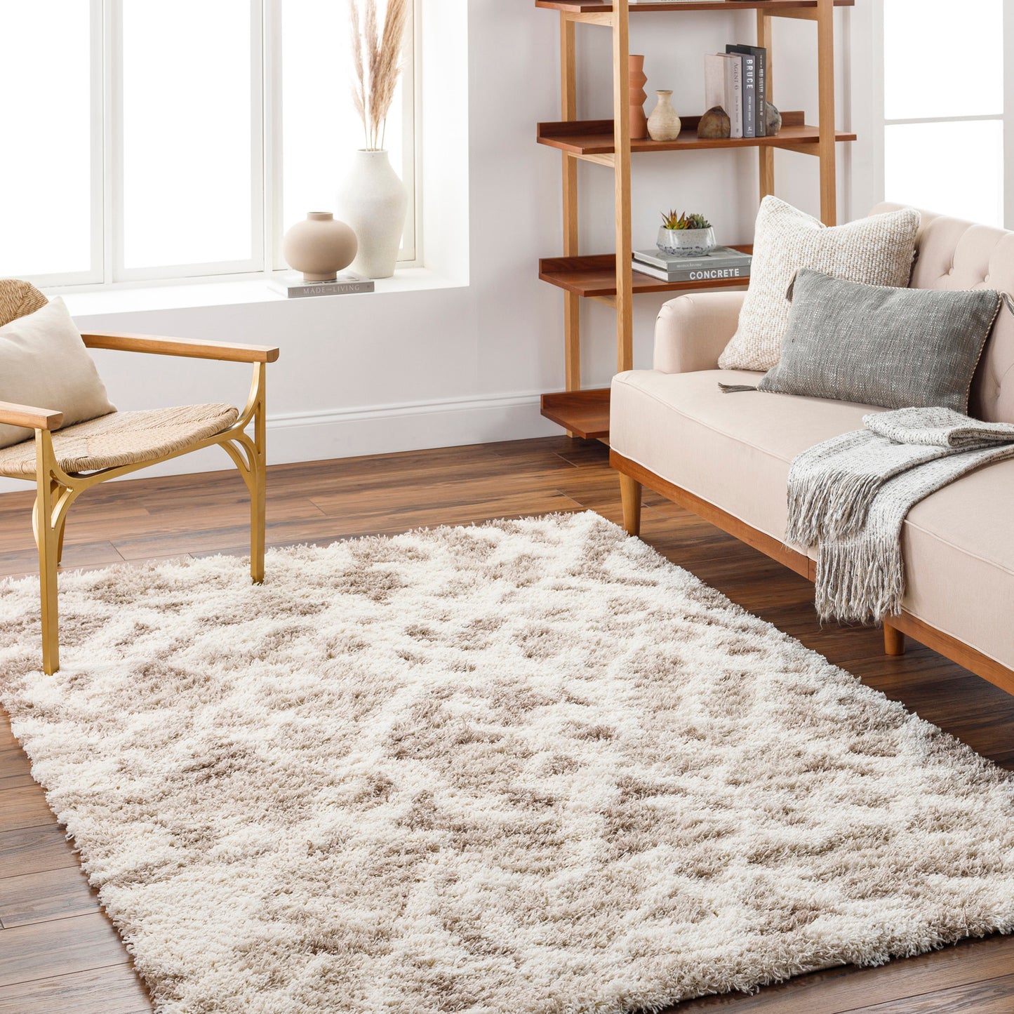 BOARDMAN Shaggy Teppich I Wohnzimmer, Schlafzimmer I Hochfloriger Boho Teppich, Weicher Langflor Teppich, Plegeleicht I Weiß, Beige